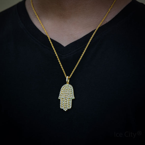 Ice City Men's Iced Hamsa Hand Pendant Necklace, Cubic Zirconia Jewelry in Gold and Silver