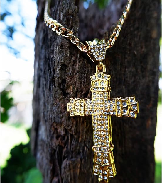 Ice City Men's Iced Cross Pendant Necklace Stainless Steel Chain Fashion Jewelry - 20 Inches