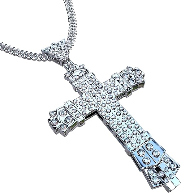 Ice City Men's Iced Cross Pendant Necklace Stainless Steel Chain Fashion Jewelry - 20 Inches