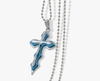 Ice City Silver and Blue Cross Titanium Pendant Stainless Steel Chain Link Necklace - 23 Inches