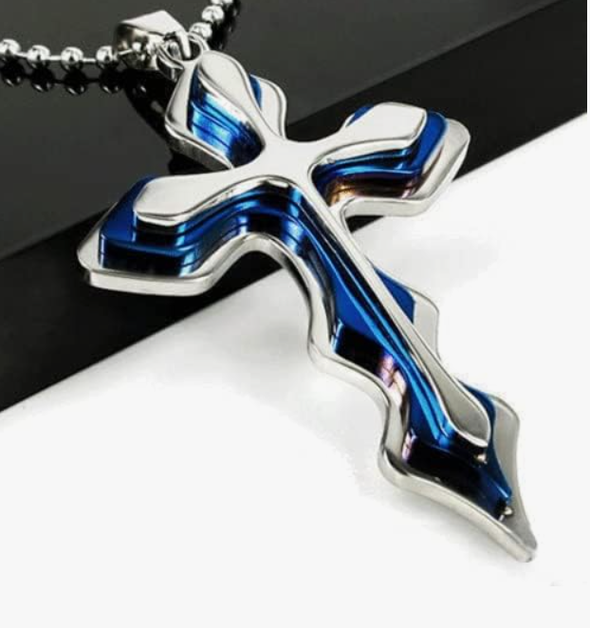 Ice City Silver and Blue Cross Titanium Pendant Stainless Steel Chain Link Necklace - 23 Inches