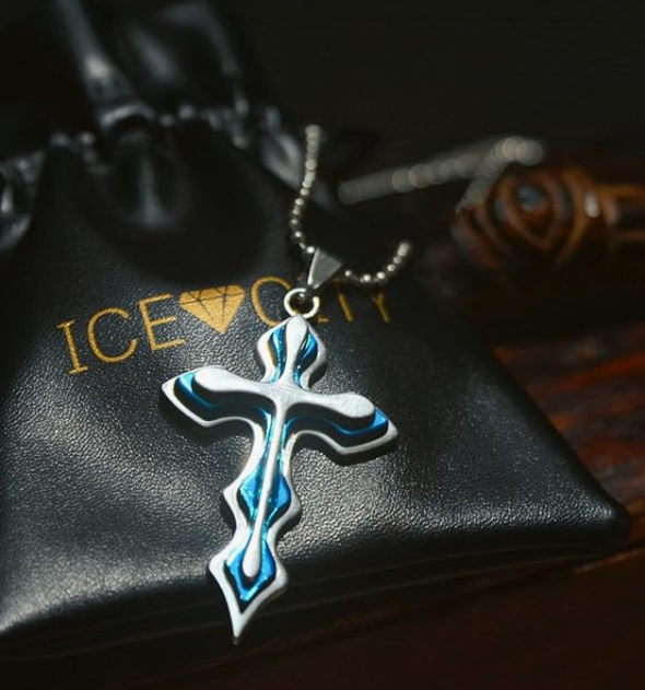 Ice City Silver and Blue Cross Titanium Pendant Stainless Steel Chain Link Necklace - 23 Inches